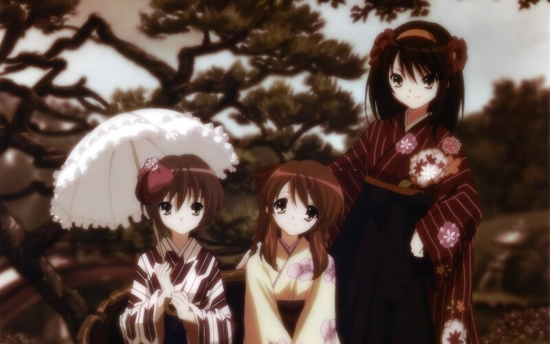 Three Girls in Kimonos — Brown, Serene