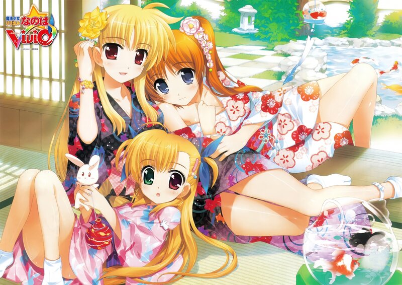 Three girls in kimonos by a pond