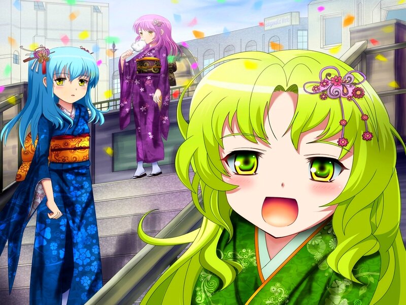 Three Girls in Kimonos — Green, Festive