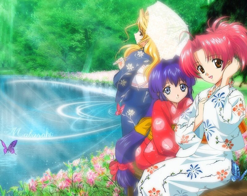 Three Girls in Kimonos — Green, Serene, Spring, Anime, Kimono