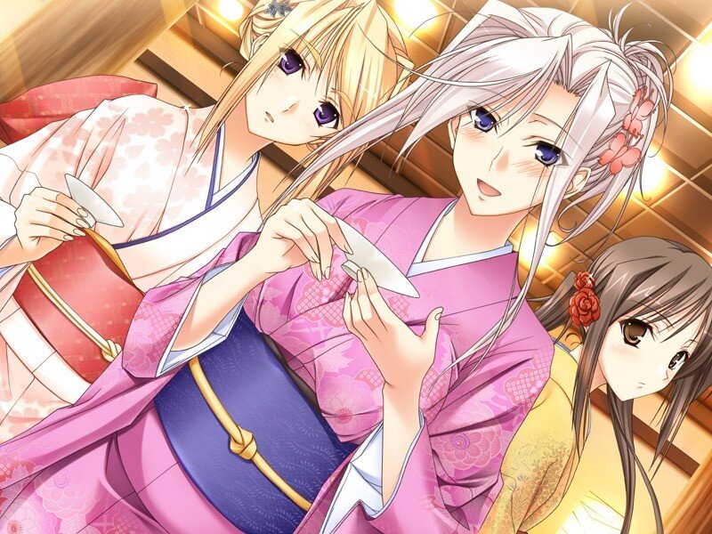 Three Girls in Kimonos — Pink, Calm, Anime