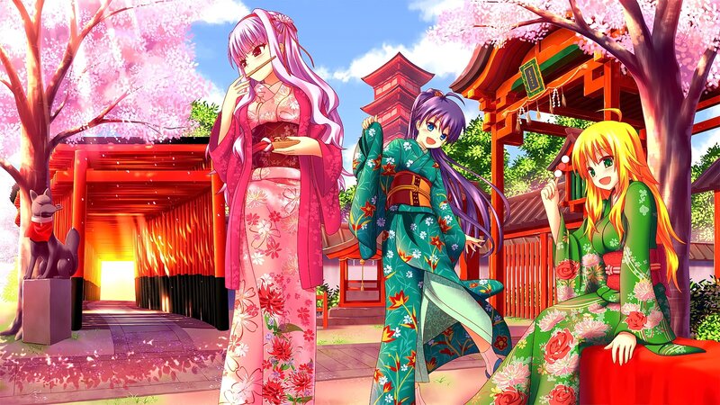 Three Girls in Kimonos — Pink, Serene, Spring, Anime, Cherry Blossoms, Torii Gate