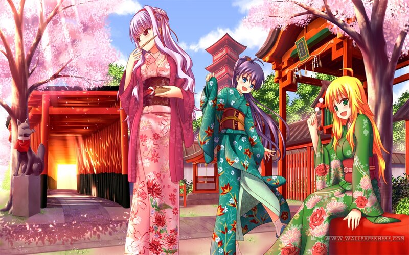 Three Girls in Kimonos — Pink, Serene, Spring, Anime