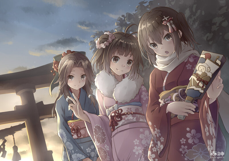 Three Girls in Kimonos — Pink, Serene, Sunset