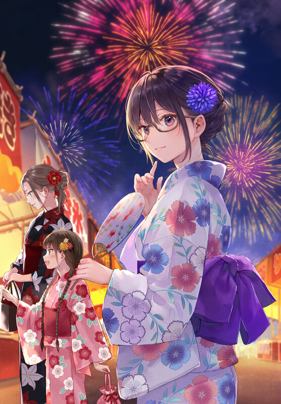 Three Girls in Kimonos — Purple, Festive, Night, Anime, Fireworks