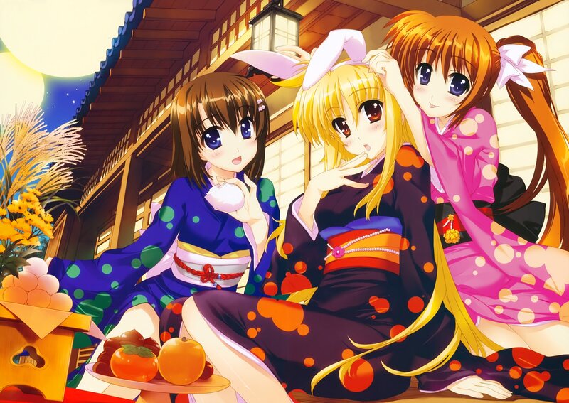 Three Girls in Kimonos — Purple, Festive, Night, Anime