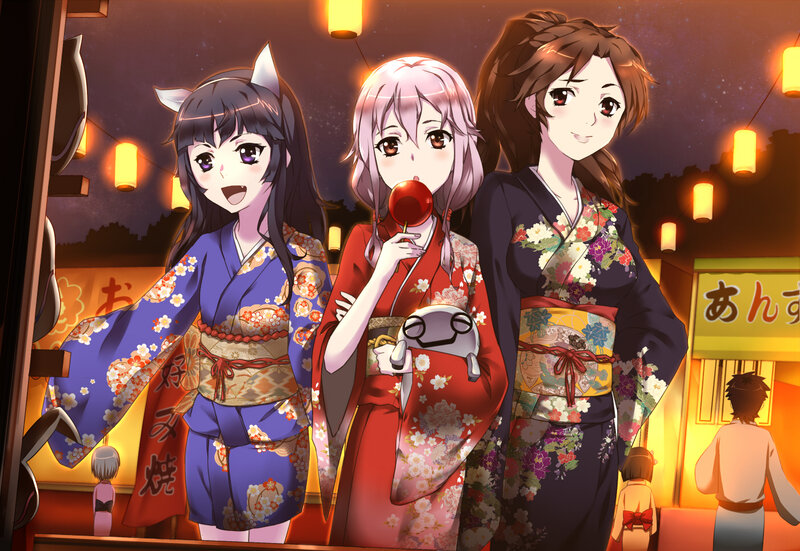 Three Girls in Kimonos — Purple, Festive