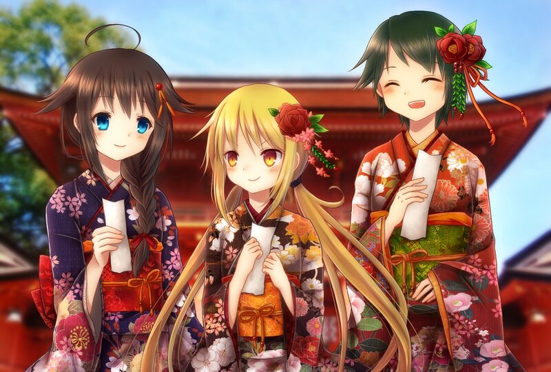 Three Girls in Kimonos — Red, Cheerful