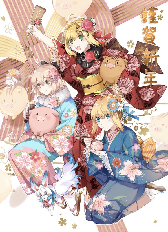 Three Girls in Kimonos — Red, Festive