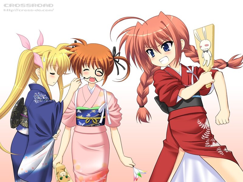 Three Girls in Kimonos — Red, Playful