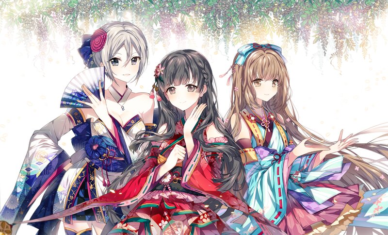 Three Girls in Kimonos — Red, Serene