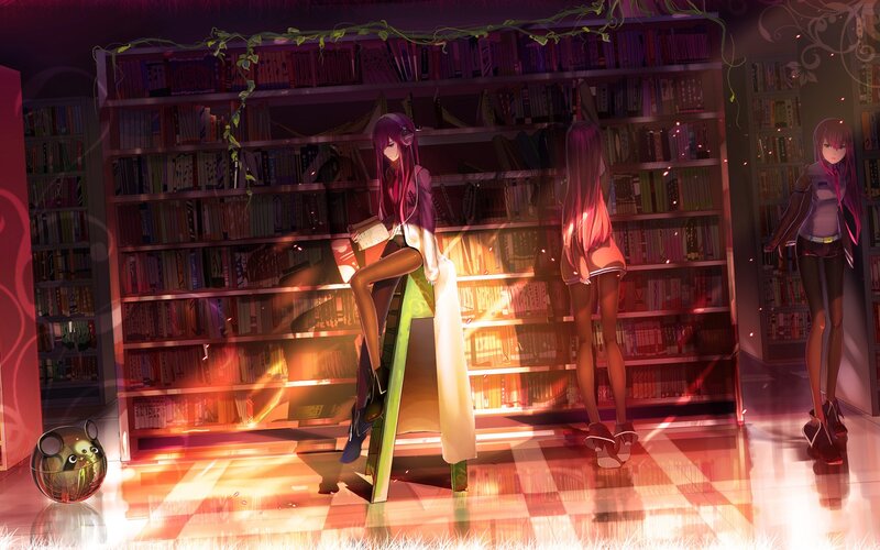 Three Girls in Library — Purple, Dramatic, Night, Digital Art, Bookshelves, Ladder
