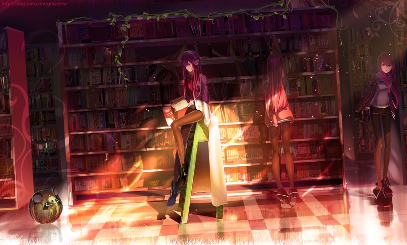 Three Girls in Library — Purple, Dramatic, Night, Digital Art