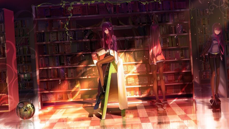 Three Girls in Library — Purple, Dramatic