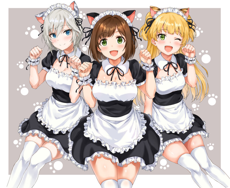 Three Girls in Maid Outfits — Black, Cheerful, Anime, Cat Ears