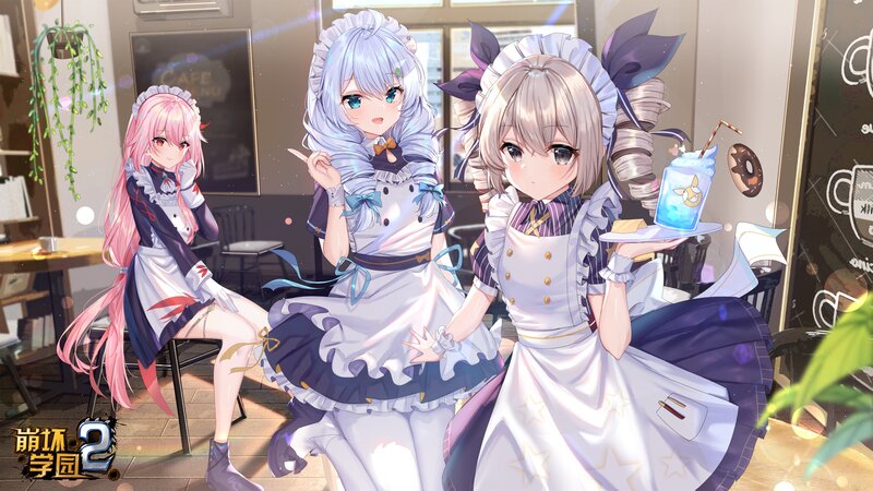 Three Girls in Maid Outfits — White, Cheerful, Afternoon