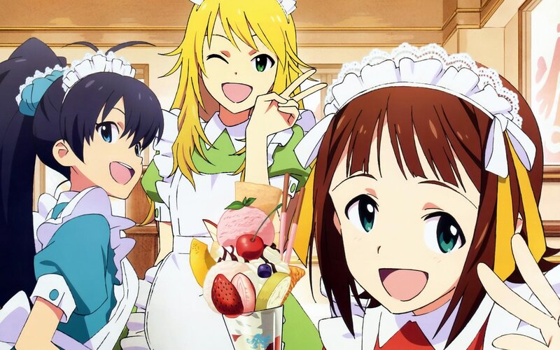 Three Girls in Maid Outfits — White, Happy, Afternoon, Anime