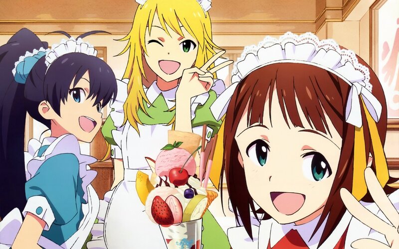 Three Girls in Maid Outfits — White, Happy, Afternoon