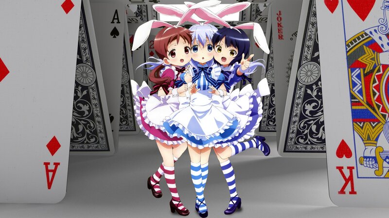 Three Girls in Maid Outfits — White, Playful, Anime, Playing Cards