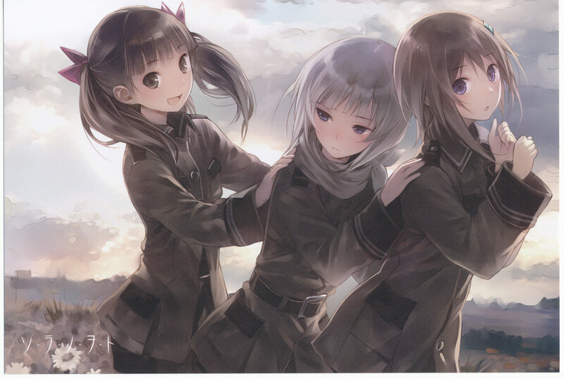 Three girls in military-style uniforms