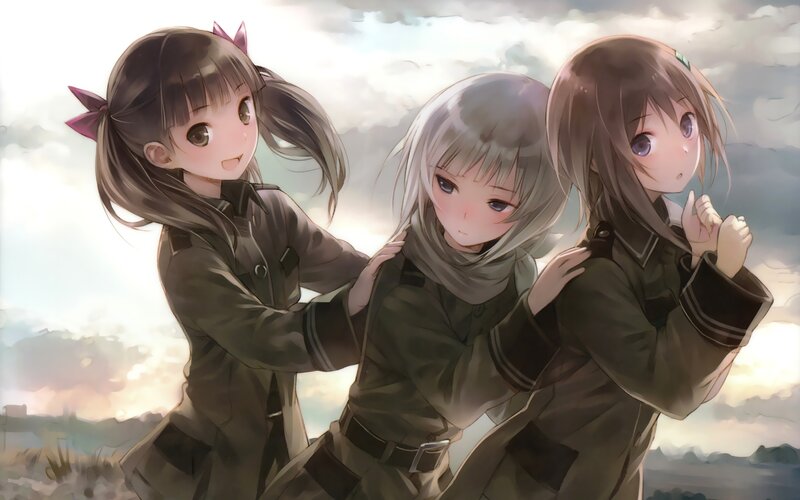 three girls in military uniforms