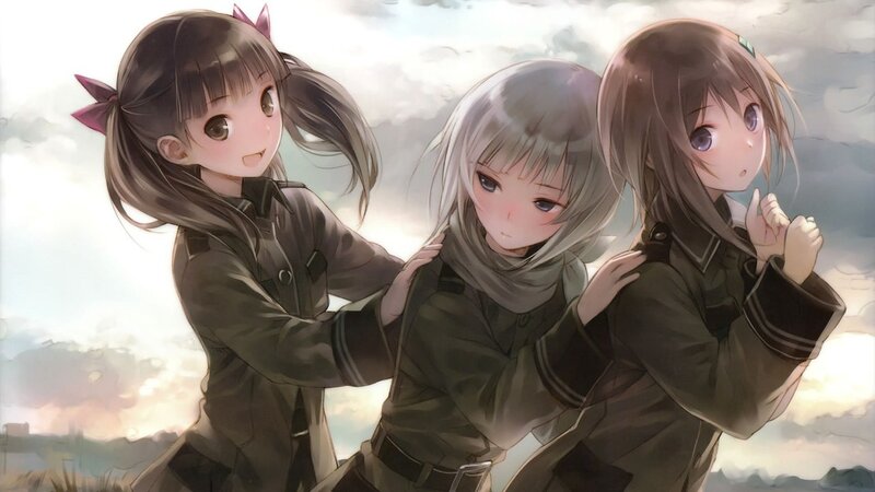 Three Girls in Military Uniforms — Gray, Dramatic, Sunset, Anime, Scarf