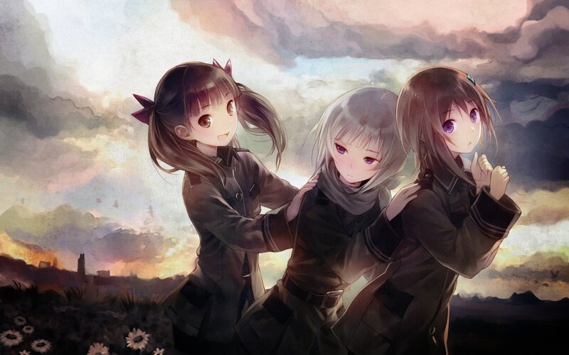 Three Girls in Military Uniforms — Gray, Dramatic, Sunset, Anime