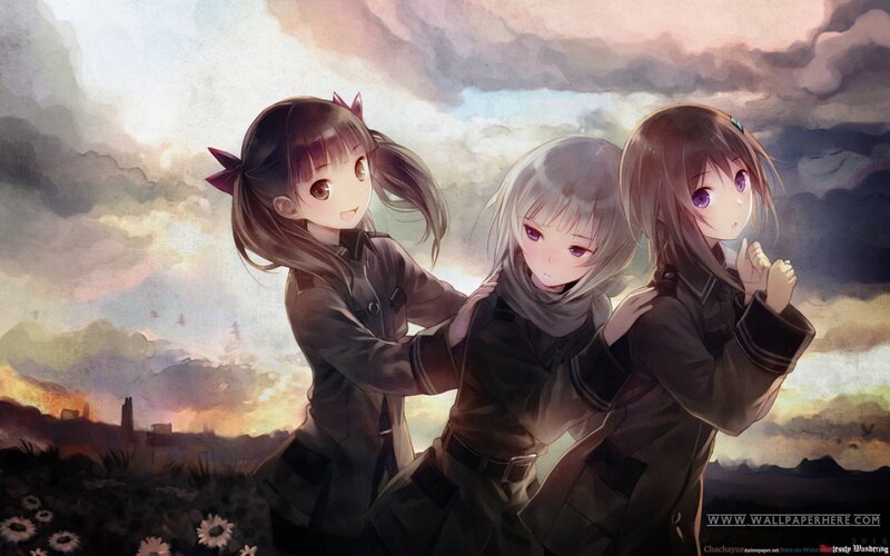 Three Girls in Military Uniforms — Gray, Dramatic, Sunset