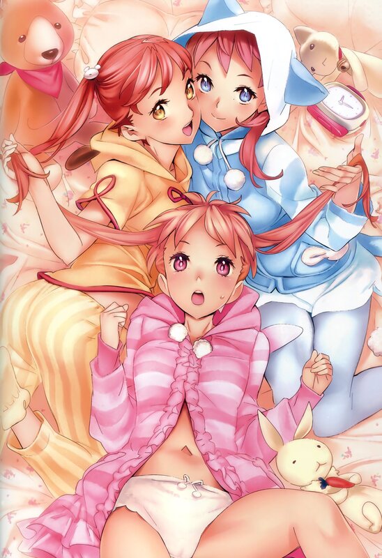 Three Girls in Pajamas — Pink, Playful, Anime, Stuffed Animals