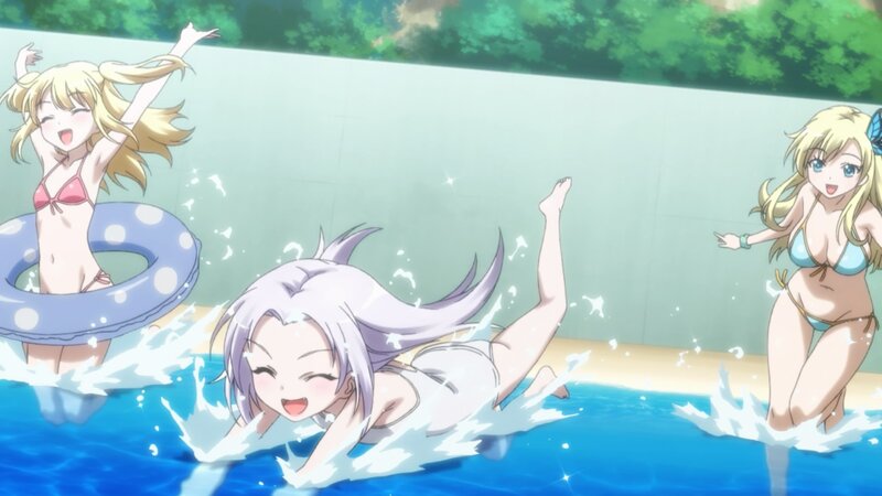 Three Girls in Pool — Blue, Playful, Summer, Anime