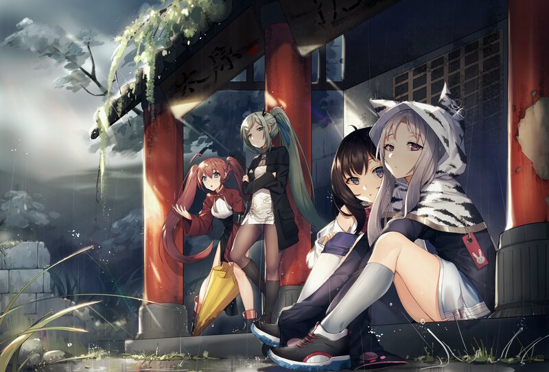 Three Girls in Rain — Gray