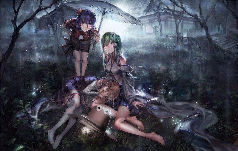Three Girls in Rain — Green, Dramatic