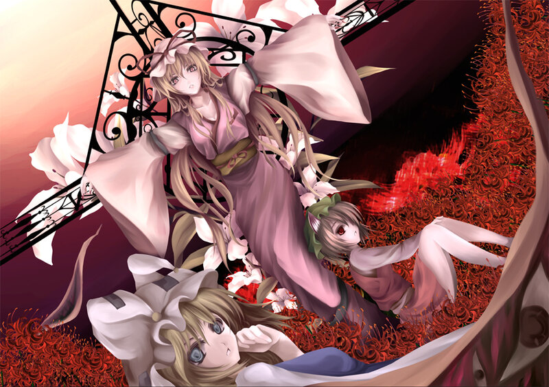 Three Girls in Red Flowers