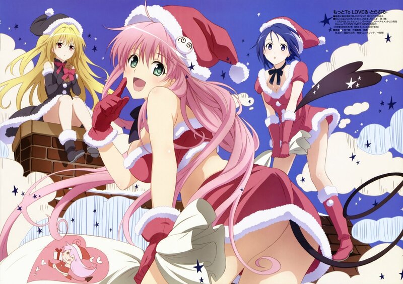 Three Girls in Santa Outfits — Pink, Festive, Night, Anime