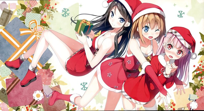 Three Girls in Santa Outfits — Red, Festive, Winter, Anime