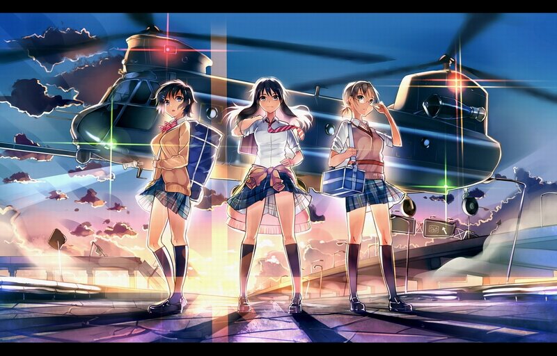 Three Girls in School Uniforms — Blue, Dramatic