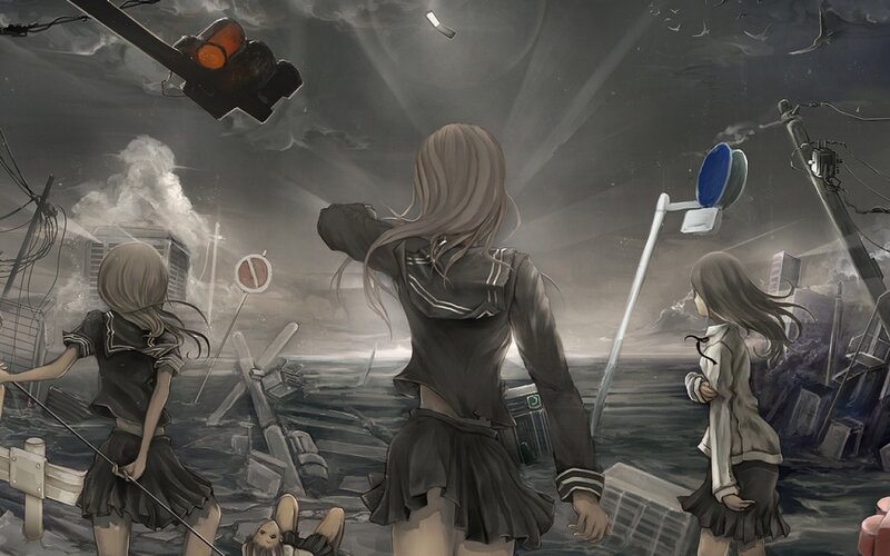 Three Girls in School Uniforms — Gray, Dramatic