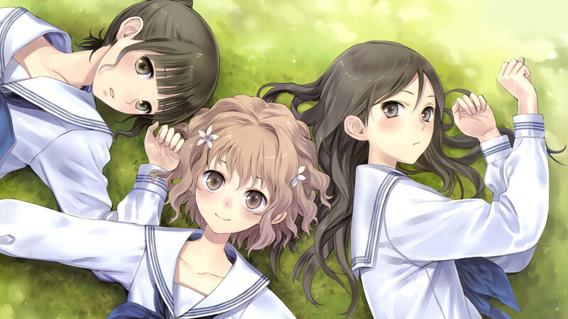 Three Girls in School Uniforms — Green, Peaceful, Afternoon, Anime, School Uniform