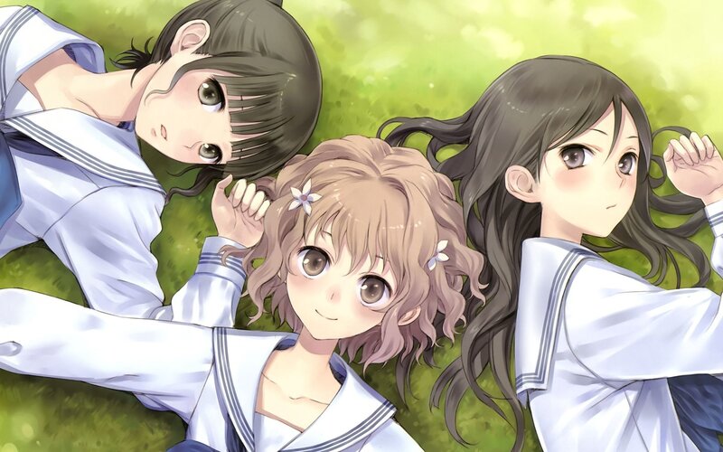 Three Girls in School Uniforms — Green, Peaceful, Afternoon, Anime