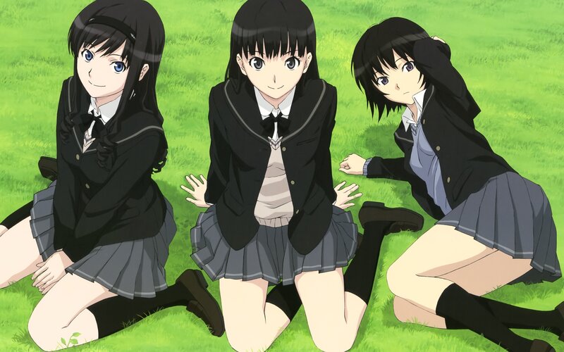 Three Girls in School Uniforms — Green, Playful, Afternoon, Anime, School Uniform