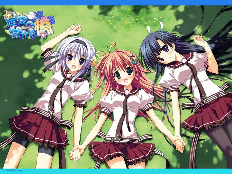 Three Girls in School Uniforms — Green, Playful