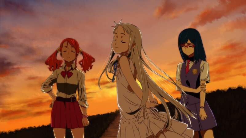 Three Girls in School Uniforms — Orange, Dramatic, Sunset, Anime