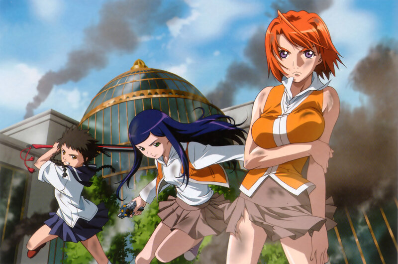 Three Girls in School Uniforms — Orange, Dramatic