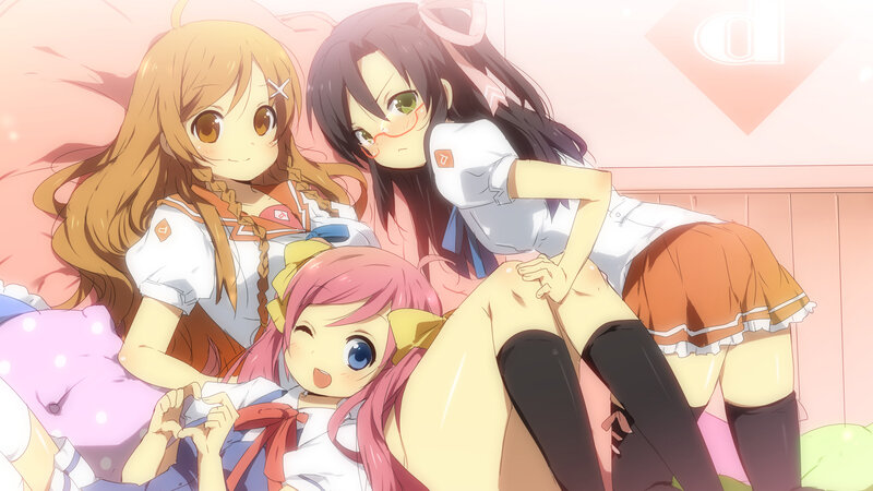 Three Girls in School Uniforms — Pink, Playful, Anime, School Uniform, Bed