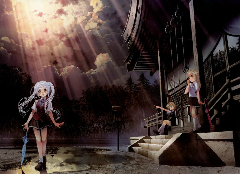 Three Girls in School Uniforms — Purple, Dramatic, Sunset