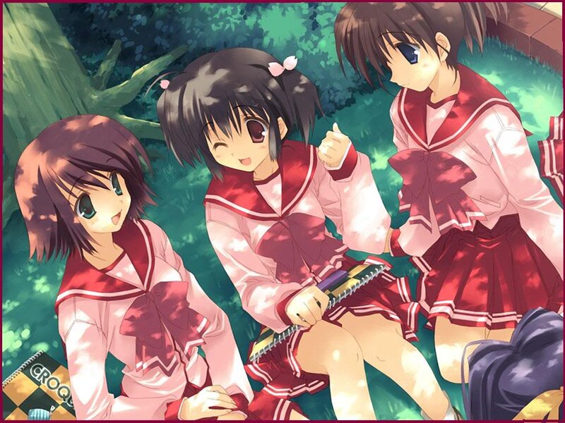 Three Girls in School Uniforms — Red, Peaceful