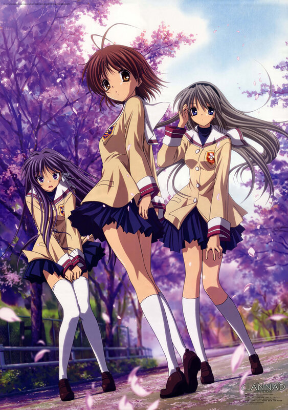 Three girls in school uniforms under cherry blossoms