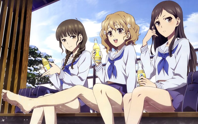 Three Girls in School Uniforms — White, Relaxed, Afternoon, Anime, School Uniform
