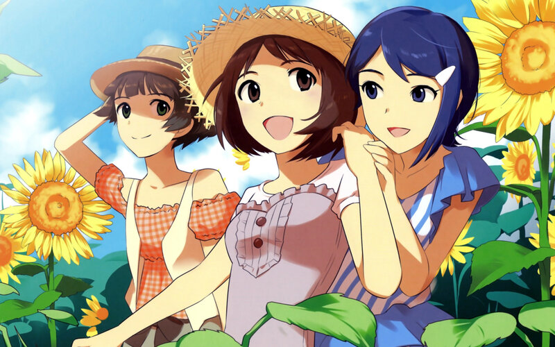 Three Girls in Sunflower Field