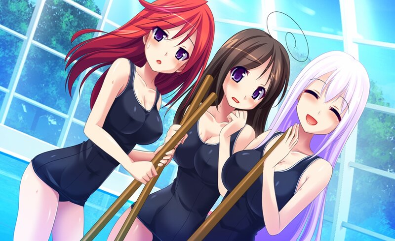 Three Girls in Swimsuits — Blue, Bright, Afternoon